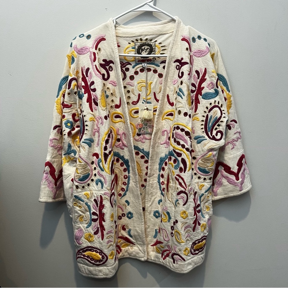 Johnny Was XS Short Kimono Ecru Print Embroidered Jacket $380